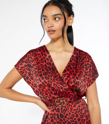 Red Leopard Print Satin Midi Dress ...